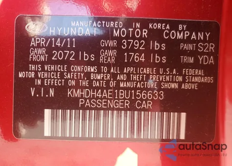 2011 Hyundai Elantra Gls from USA, damaged, VIN KMHDH4AE1BU156633